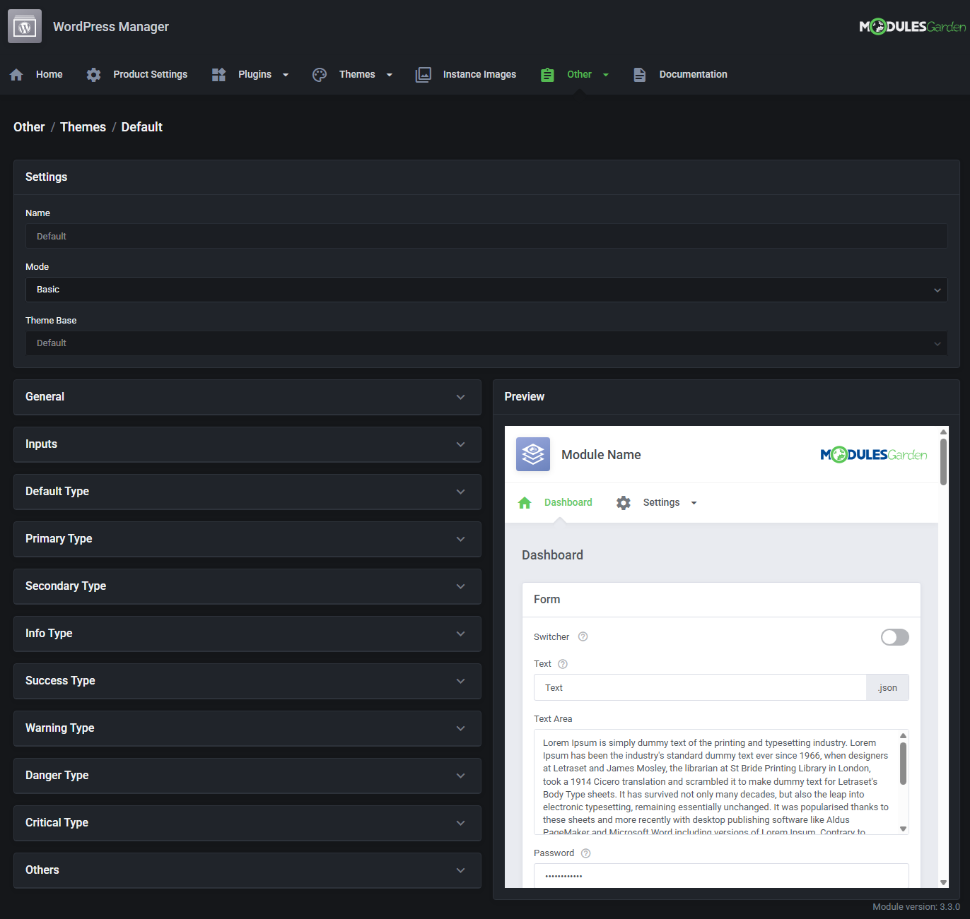 WordPress Manager For WHMCS: theme editor in dark mode with Basic mode settings and a live module preview