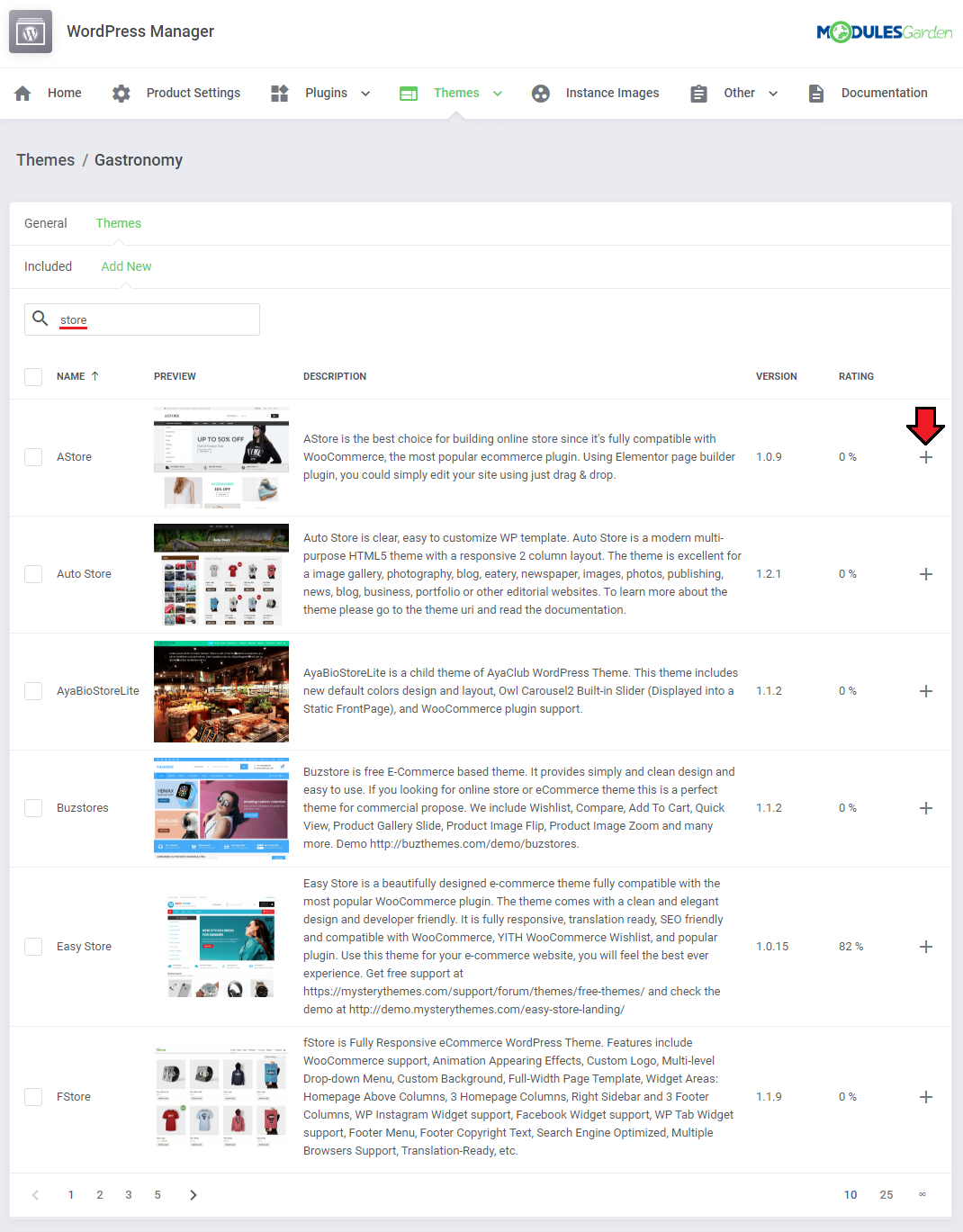 WordPress Manager For WHMCS: theme package Add New tab with search results and the add plus button highlighted
