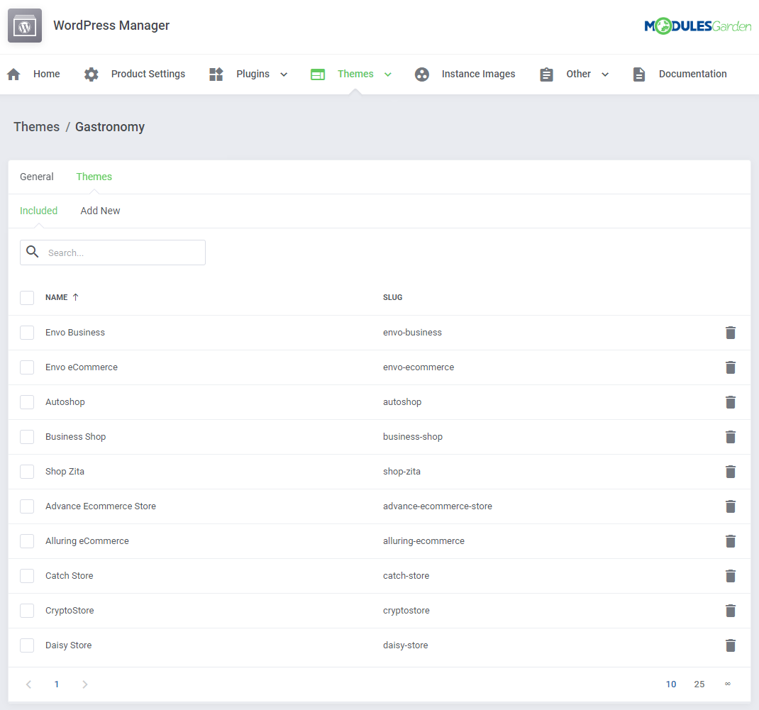 WordPress Manager For WHMCS: Included tab of a theme package listing added themes with name, slug and delete icons