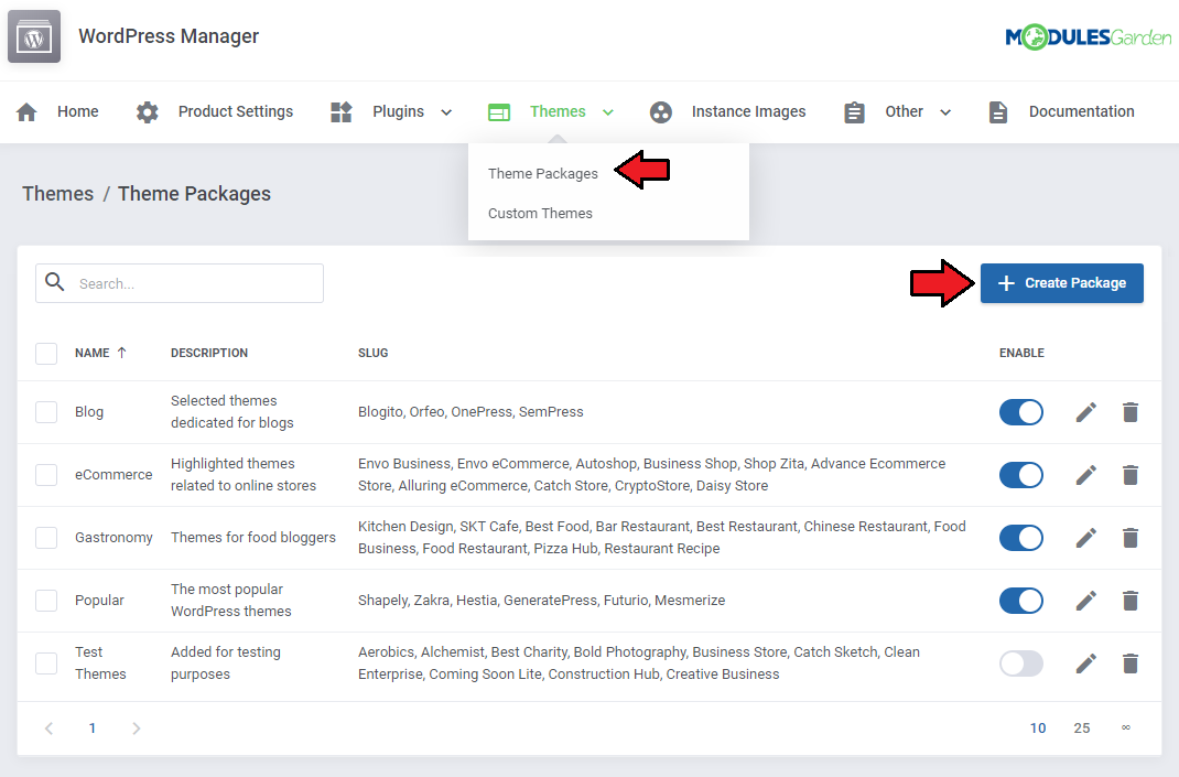 WordPress Manager For WHMCS: Themes menu with Theme Packages marked and the theme packages list with Create Package