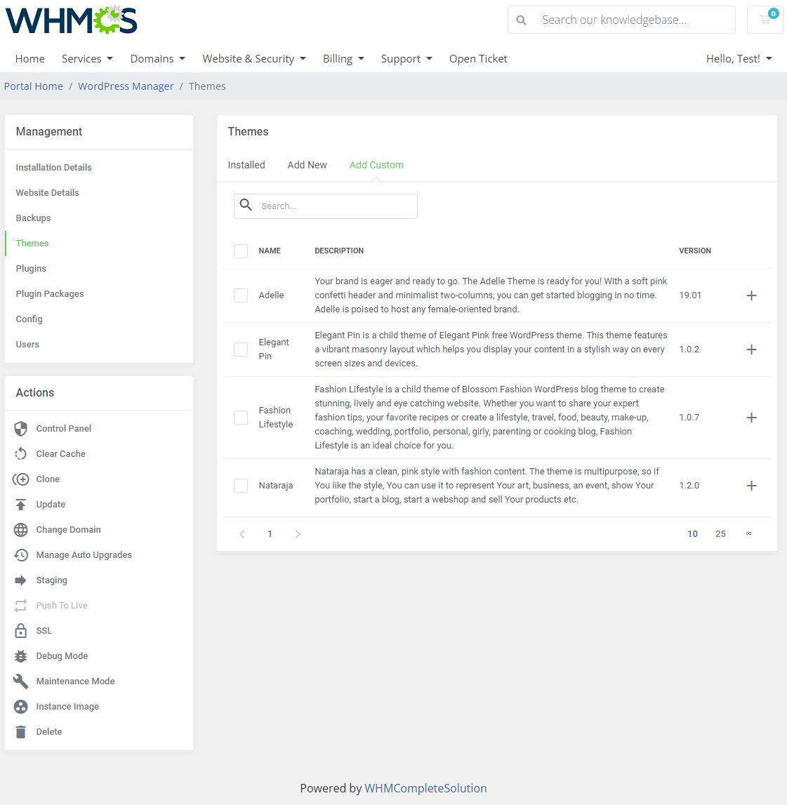 WordPress Manager For WHMCS: Themes Add Custom tab listing custom themes available for adding with plus icons