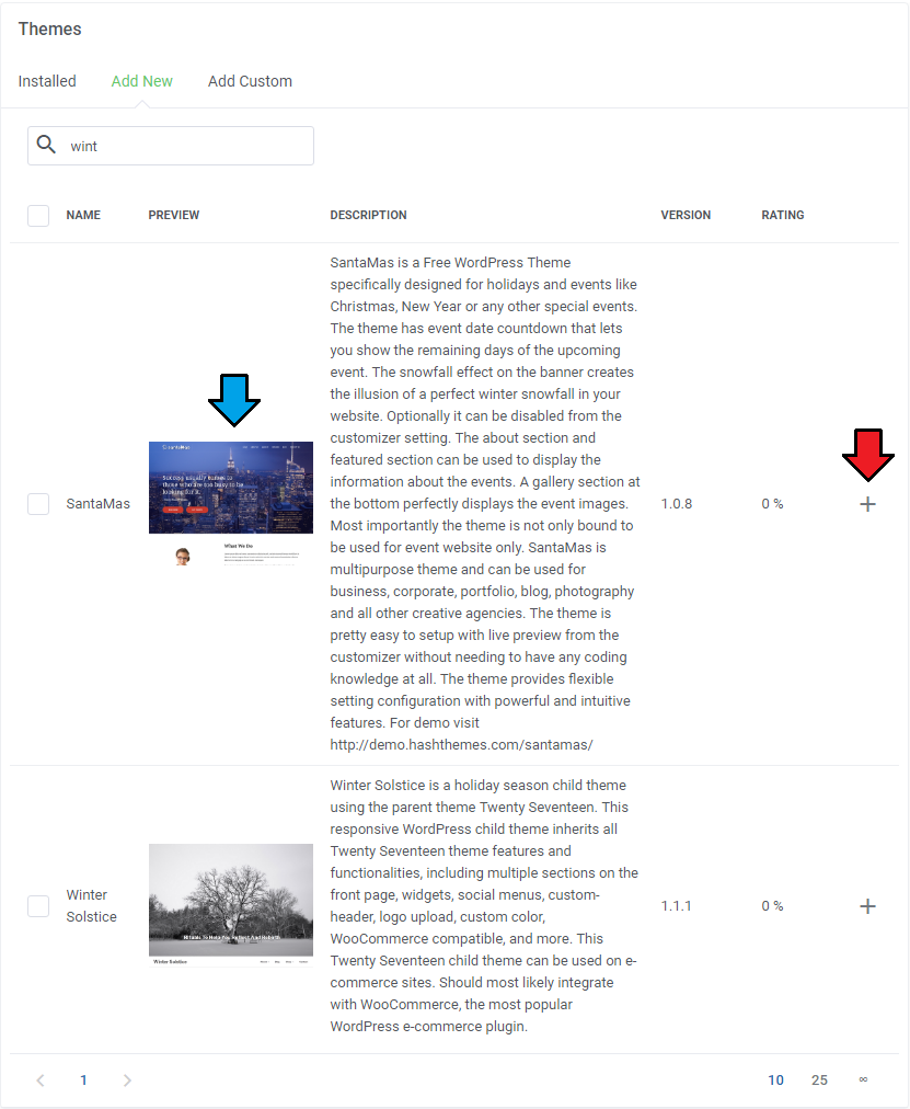 WordPress Manager For WHMCS: Themes Add New tab with search results, theme preview thumbnail and plus install icon