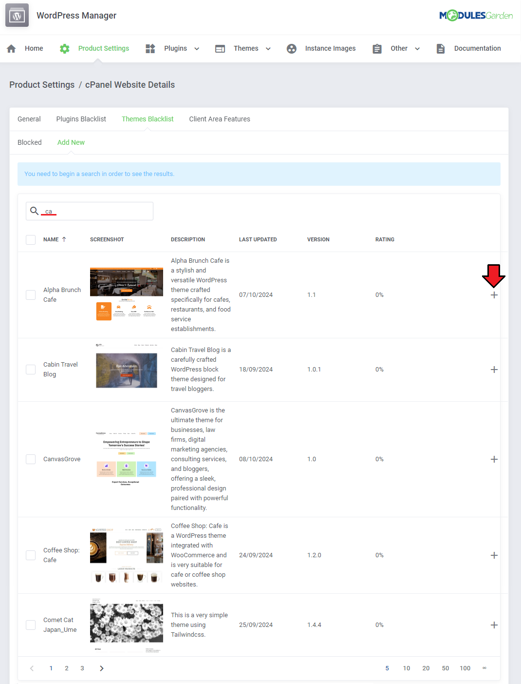 WordPress Manager For WHMCS: Product Settings Themes Blacklist, Add New tab, with a theme search and plus icon marked