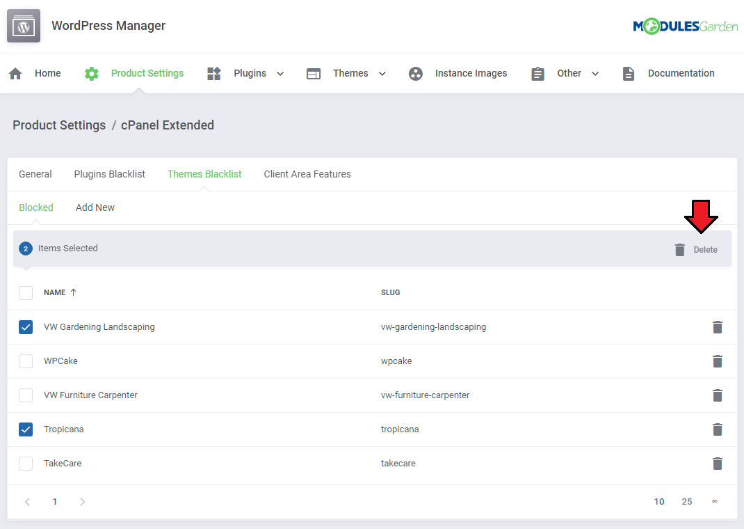 WordPress Manager For WHMCS: Product Settings Themes Blacklist, Blocked list with two themes selected and Delete marked