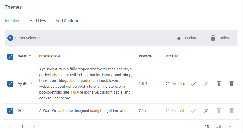WordPress Manager For WHMCS: Installed themes list with two themes selected and Update and Delete mass action buttons
