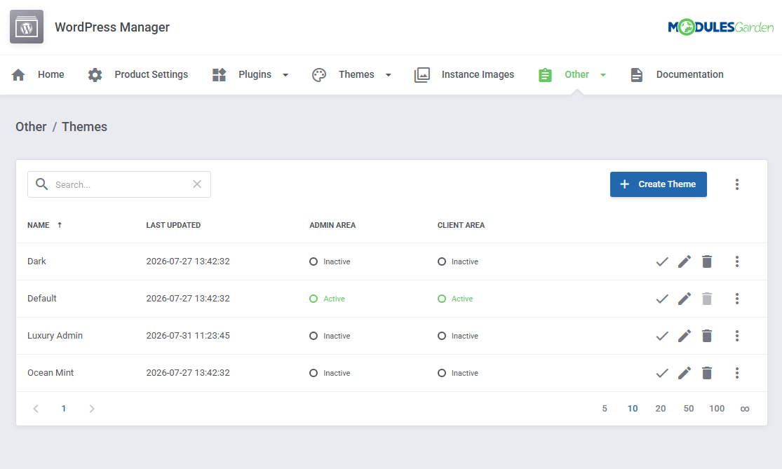 WordPress Manager For WHMCS: Other Themes page listing Dark, Default and custom themes with the Create Theme button