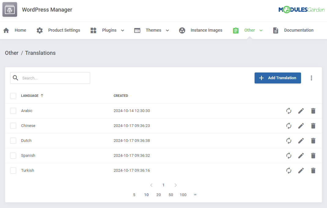 WordPress Manager For WHMCS: Translations page in the admin area listing languages with the Add Translation button