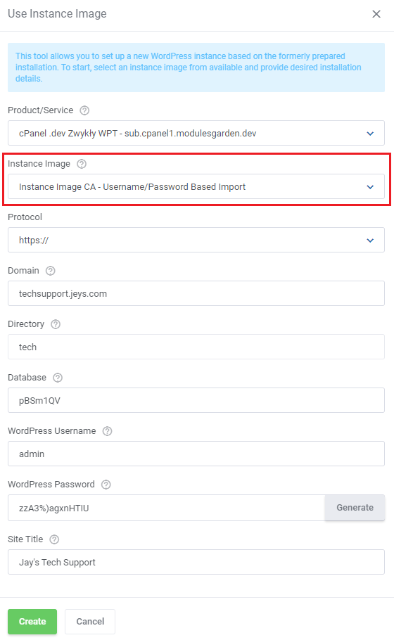 WordPress Manager For WHMCS: Use Instance Image dialog with the instance image dropdown, domain, directory and site