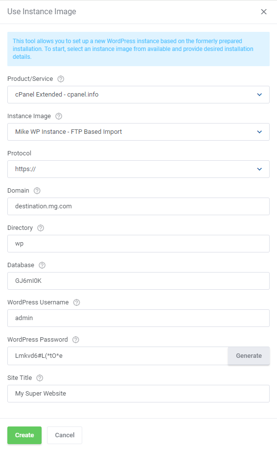 WordPress Manager For WHMCS: Use Instance Image dialog with image, domain, directory, database and WordPress login
