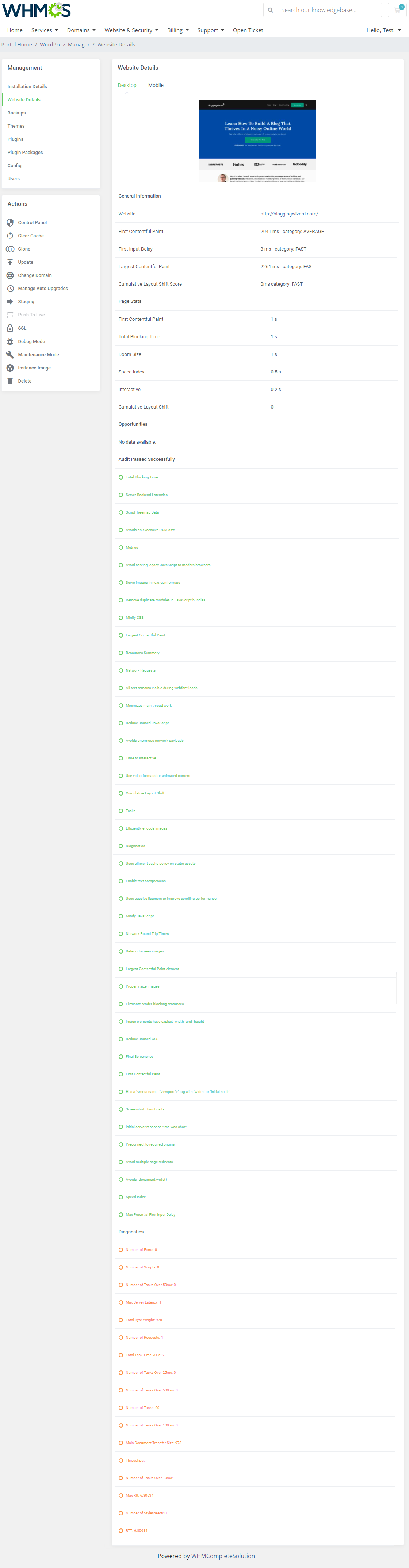 WordPress Manager For WHMCS: client area Website Details tab with Google PageSpeed Insights results for desktop