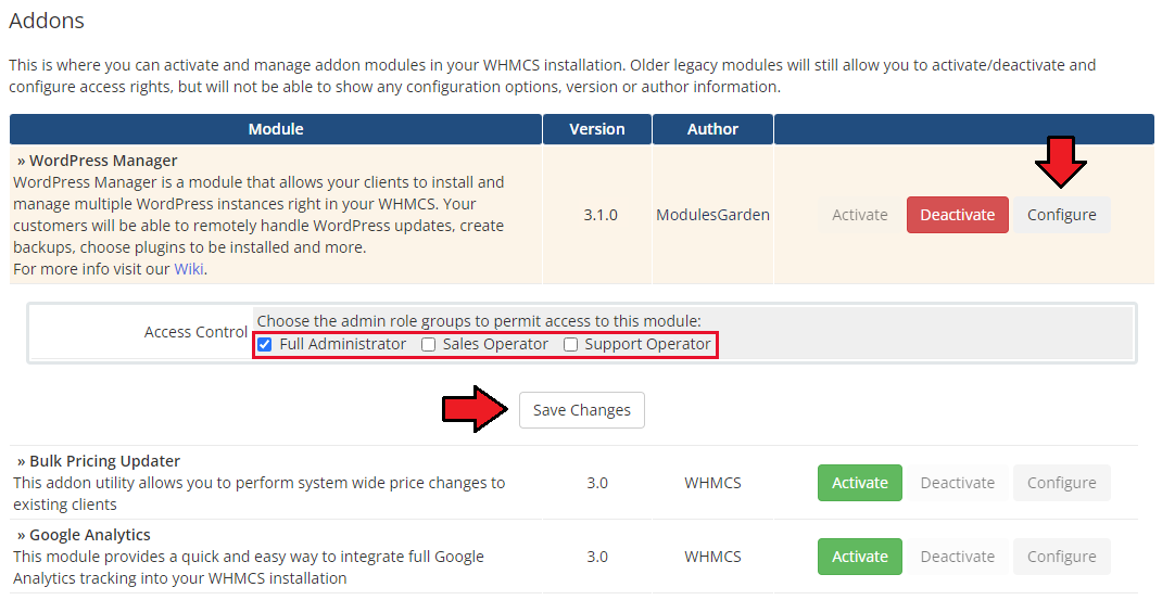WordPress Manager For WHMCS: WHMCS Addon Modules access control with Full Administrator checked and Save Changes