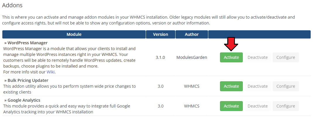 WordPress Manager For WHMCS: WHMCS Addon Modules list with the Activate button next to WordPress Manager