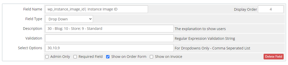 WordPress Manager For WHMCS: WHMCS product custom field Instance Image ID as a drop down with options 30, 10 and 9