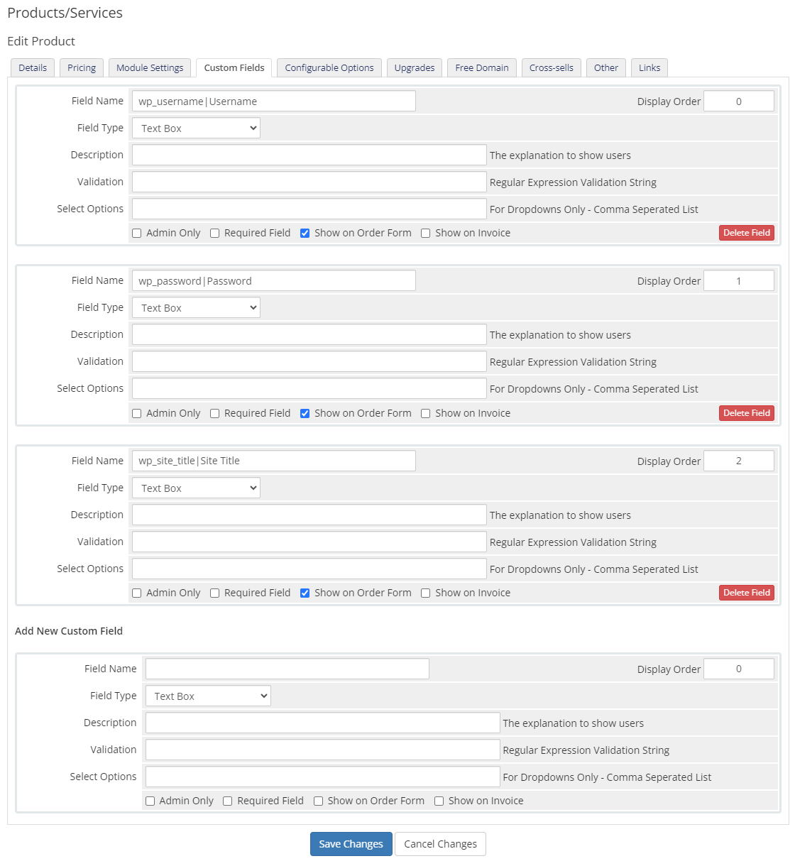 WordPress Manager For WHMCS: WHMCS product Custom Fields tab with wp_username, wp_password and wp_site_title fields