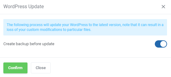 WordPress Manager For WHMCS: WordPress Update dialog with the Create backup before update switch and Confirm button