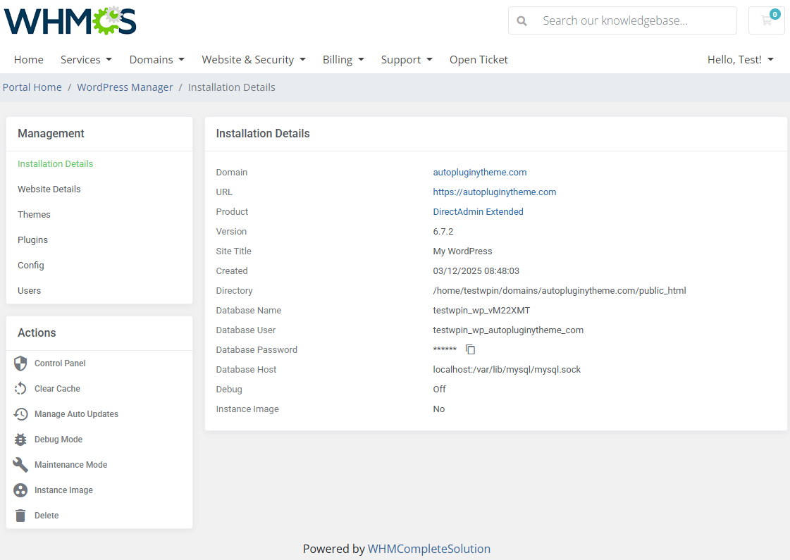 WordPress Manager For WHMCS: client area Installation Details page of a WordPress site on DirectAdmin with fewer actions