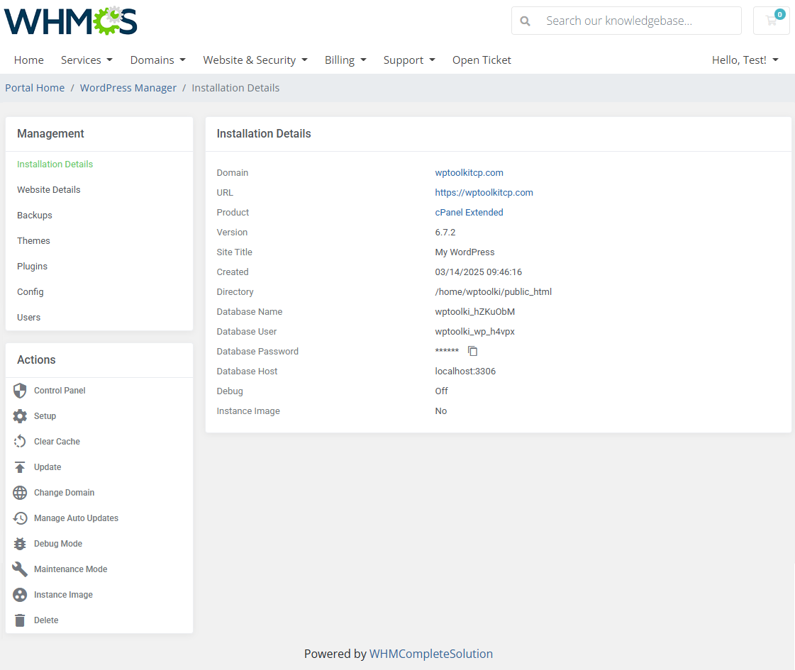 WordPress Manager For WHMCS: client area Installation Details page of a WordPress site on cPanel with WP Toolkit actions