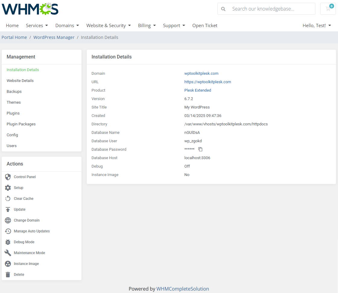 WordPress Manager For WHMCS: client area Installation Details page of a WordPress site on Plesk with WP Toolkit actions
