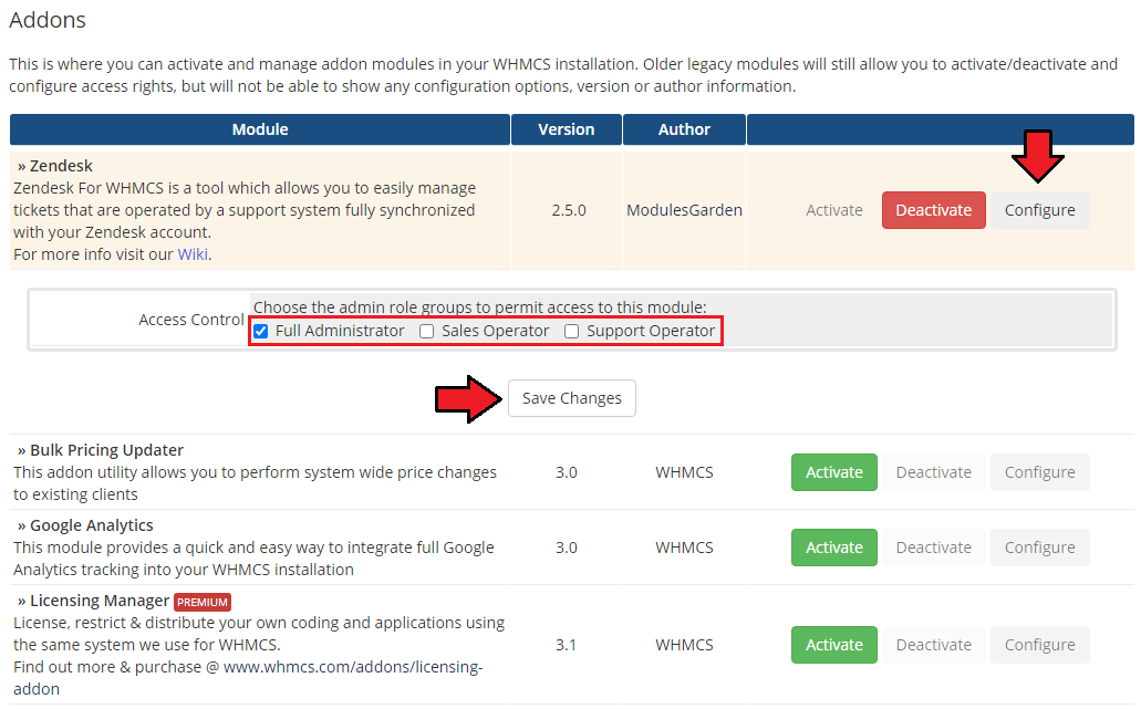 Zendesk For WHMCS: WHMCS Addon Modules list with Configure open and admin role access checkboxes to save