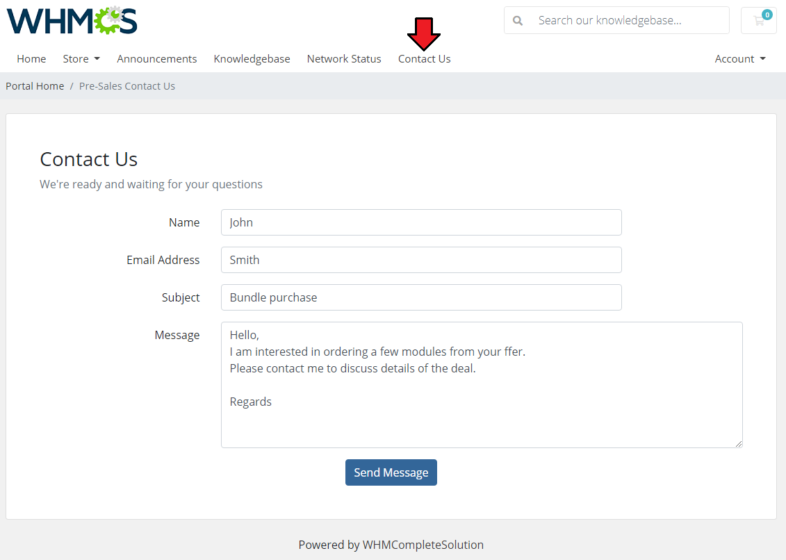 Zendesk For WHMCS: WHMCS Contact Us page with name, email, subject and message fields and the Contact Us menu item