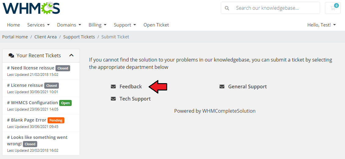 Zendesk For WHMCS: WHMCS client area Submit Ticket page with the Feedback department marked by a red arrow