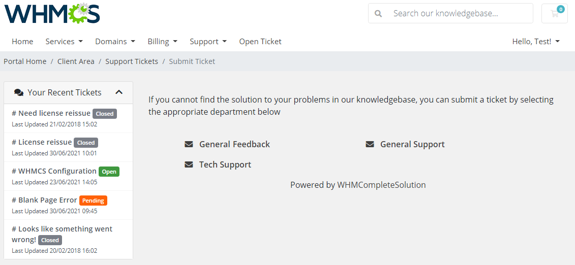 Zendesk For WHMCS: WHMCS client area Submit Ticket page where the department is now named General Feedback