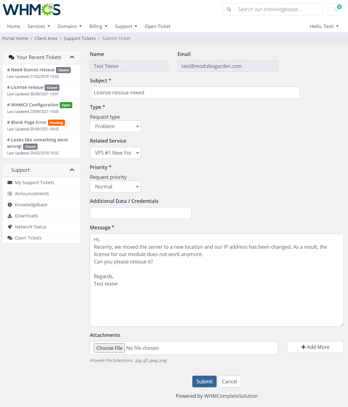 Zendesk For WHMCS: WHMCS client area ticket form with subject, request type, priority, message and the Submit button