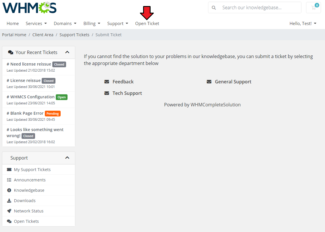 Zendesk For WHMCS: WHMCS client area Submit Ticket page with department choices and the Open Ticket menu item marked
