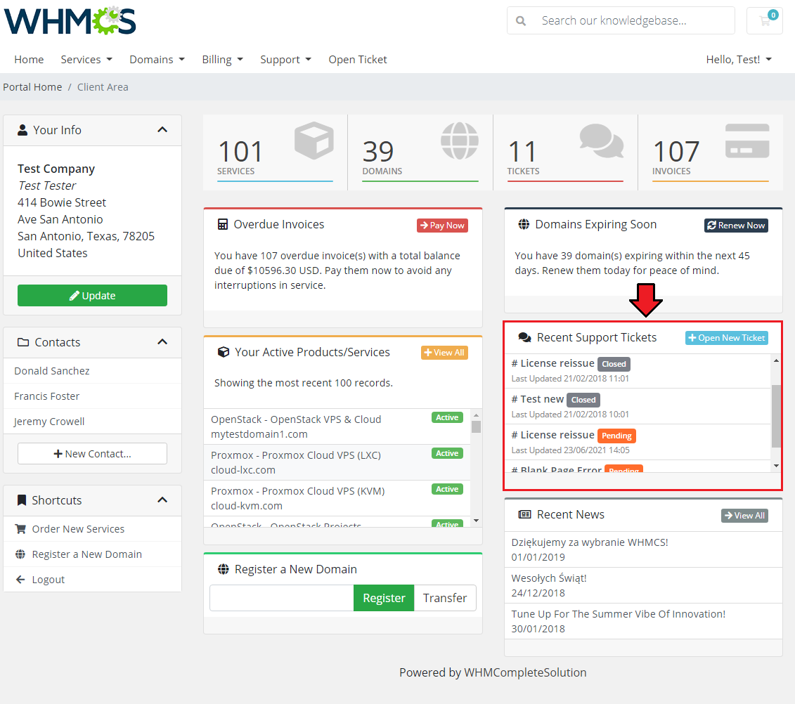 Zendesk For WHMCS: WHMCS client area home page with the Recent Support Tickets box marked with a red frame