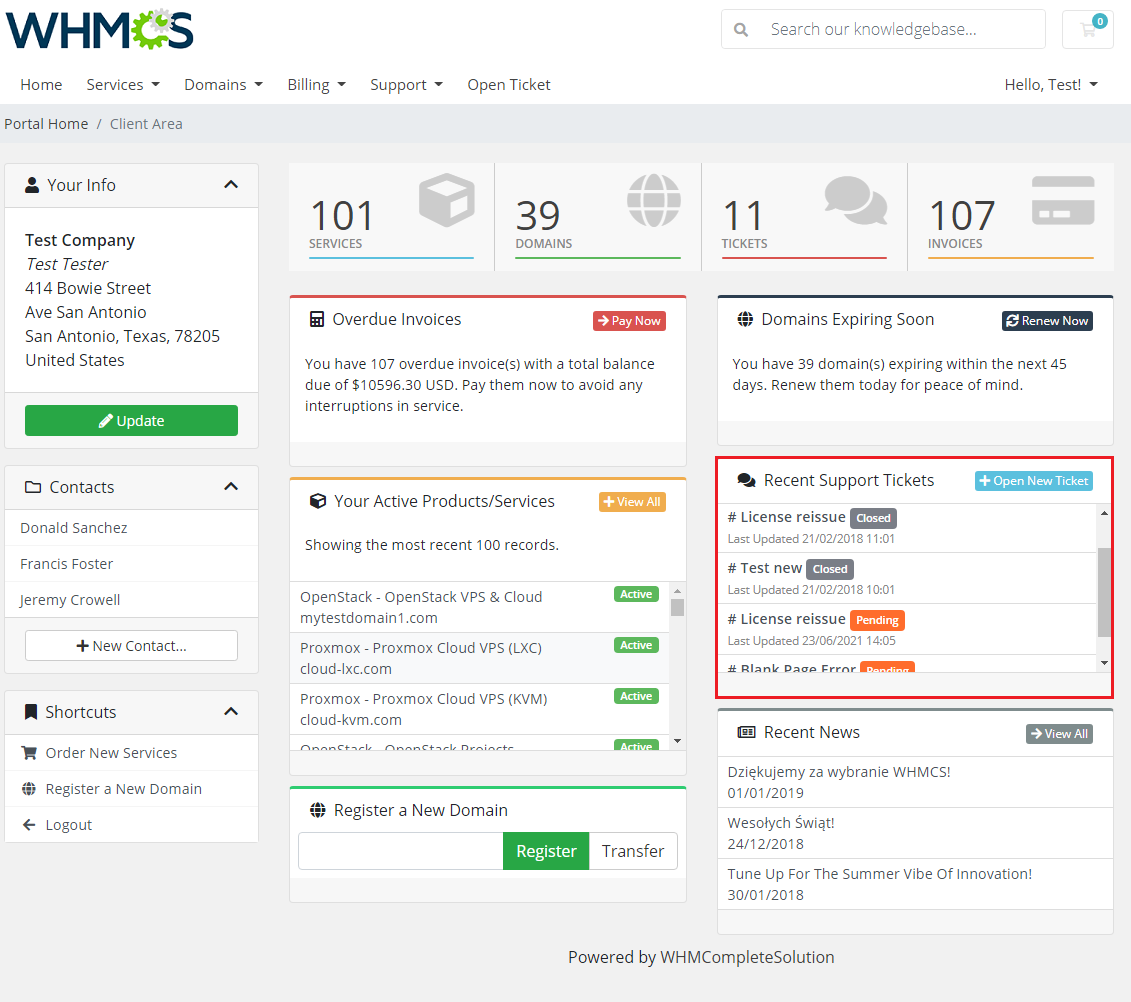 Zendesk For WHMCS: WHMCS client area home page with the Recent Support Tickets box showing colored status labels