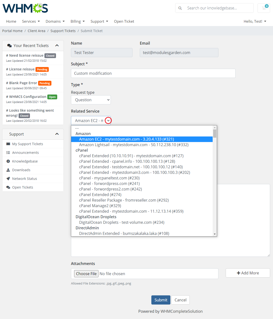 Zendesk For WHMCS: WHMCS client area Submit Ticket form with the Related Service dropdown listing client services