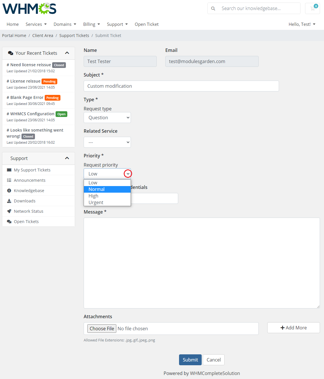 Zendesk For WHMCS: WHMCS client area Submit Ticket form with the Priority dropdown list opened