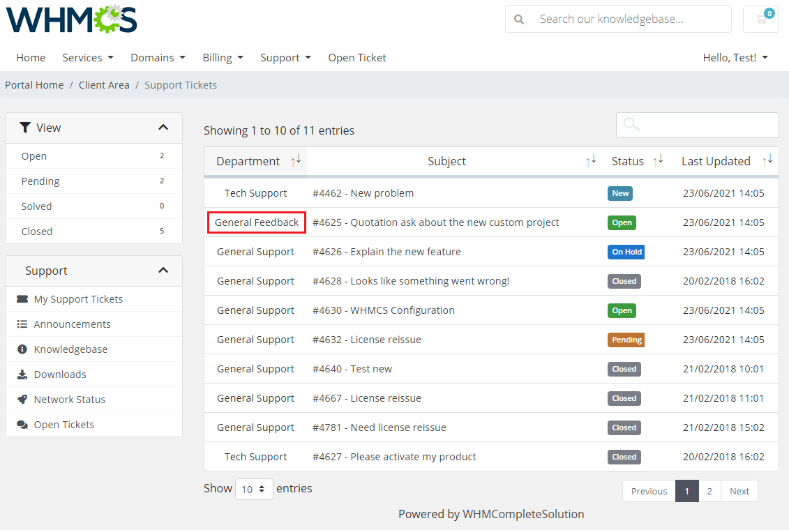 Zendesk For WHMCS: WHMCS client area Support Tickets list with the renamed General Feedback department marked