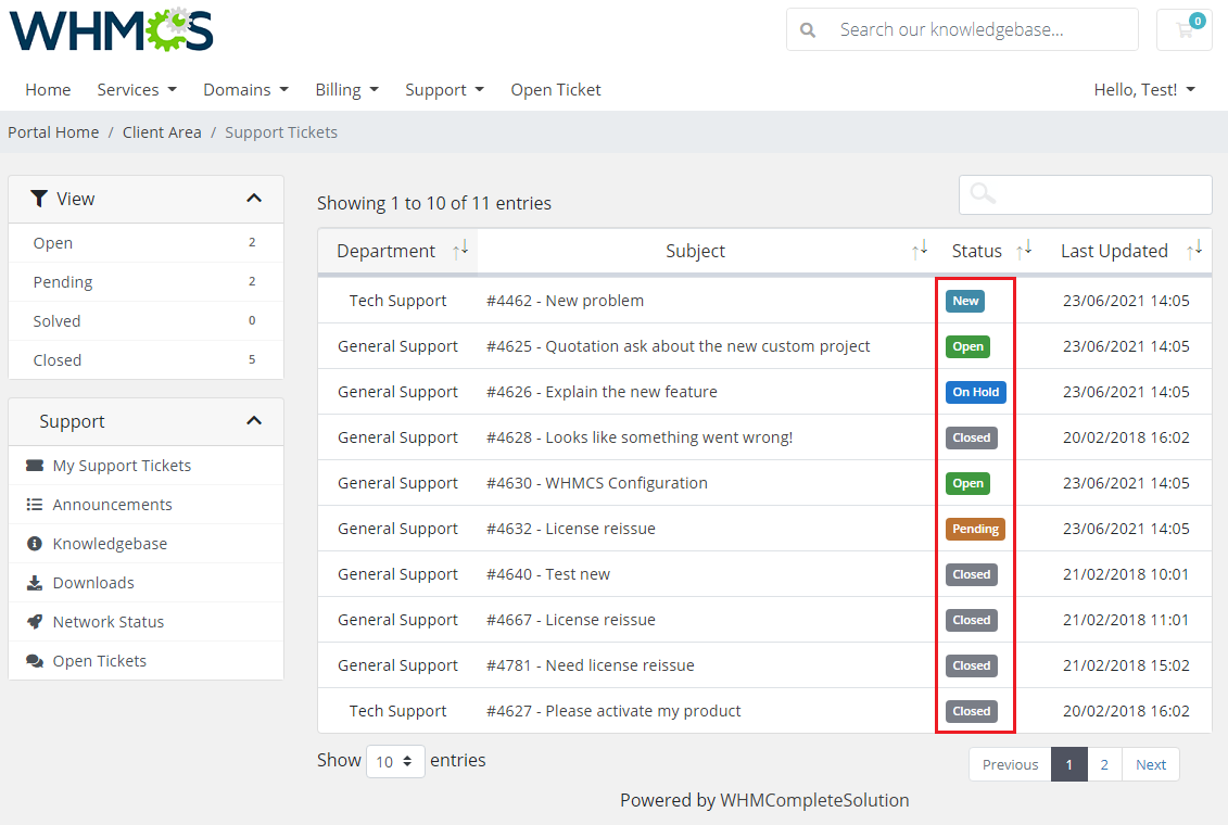 Zendesk For WHMCS: WHMCS client area Support Tickets list with colored status labels in the Status column