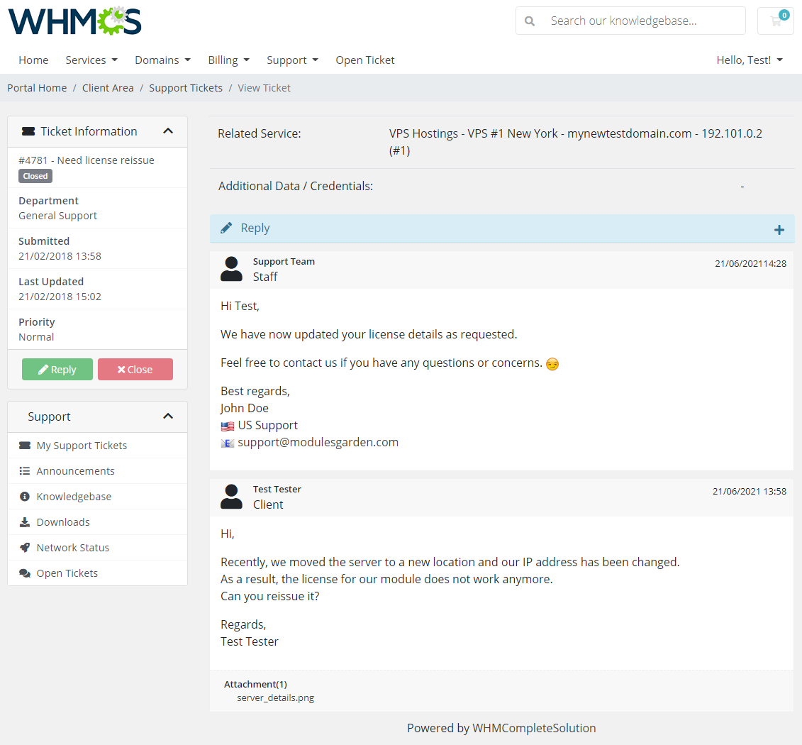 Zendesk For WHMCS: WHMCS client area View Ticket page showing the staff reply from Zendesk and the closed ticket status