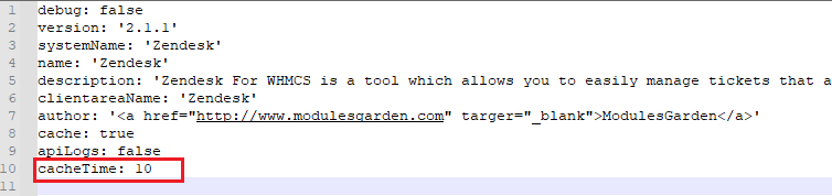 Zendesk For WHMCS: Text editor with the configuration.yml file and the cacheTime value marked with a red frame