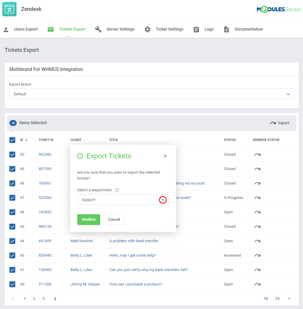 Zendesk For WHMCS: Export Tickets confirmation dialog with the Select a department dropdown and Confirm button