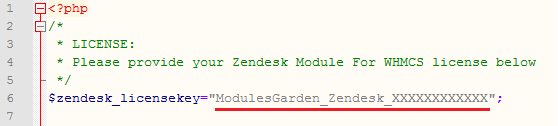 Zendesk For WHMCS: license.php file open in an editor with the license key entered between quotation marks