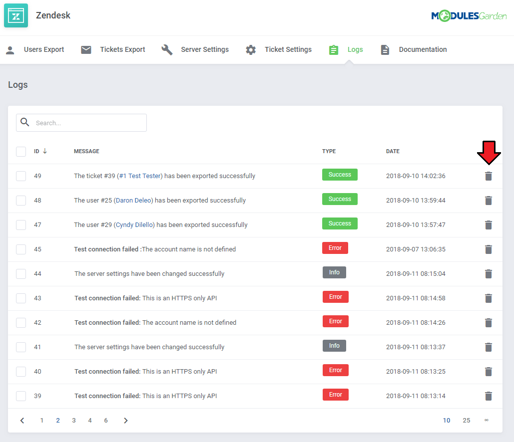Zendesk For WHMCS: Logs table with a red arrow pointing to the bin icon that removes a single log entry