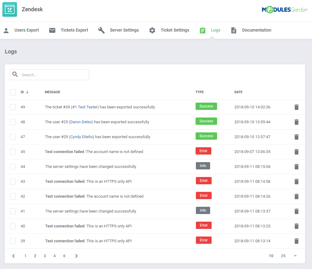 Zendesk For WHMCS: Logs tab in the module with a table of success, error and info entries and bin icons
