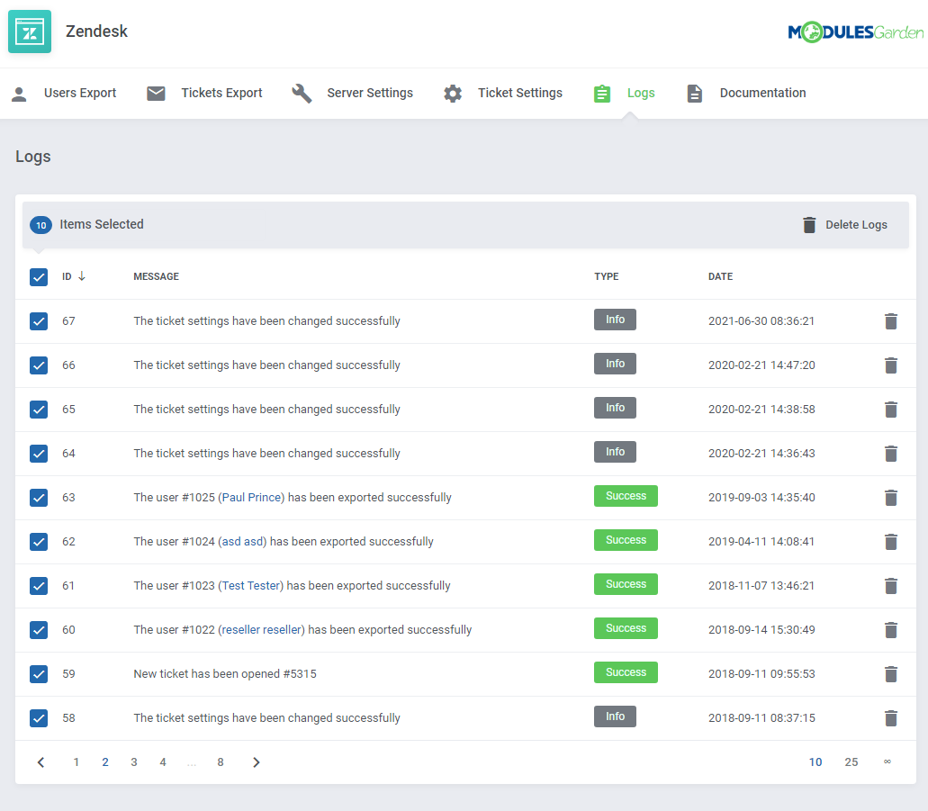 Zendesk For WHMCS: Logs table with all entries selected and the Delete Logs mass action button above the list