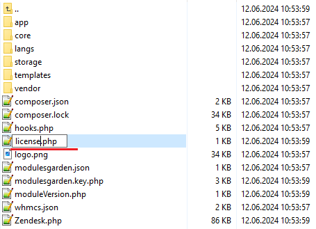 Zendesk For WHMCS: file manager with the licenseRENAME.php file being renamed to license.php