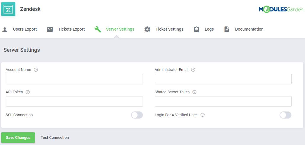 Zendesk For WHMCS: module Server Settings tab with empty account name, API token and shared secret fields