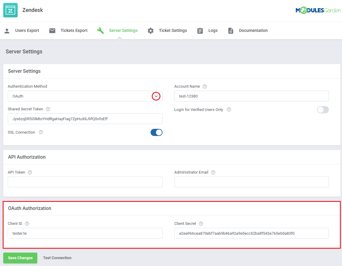 Zendesk For WHMCS: Server Settings tab with OAuth authentication method and Client ID and Client Secret fields
