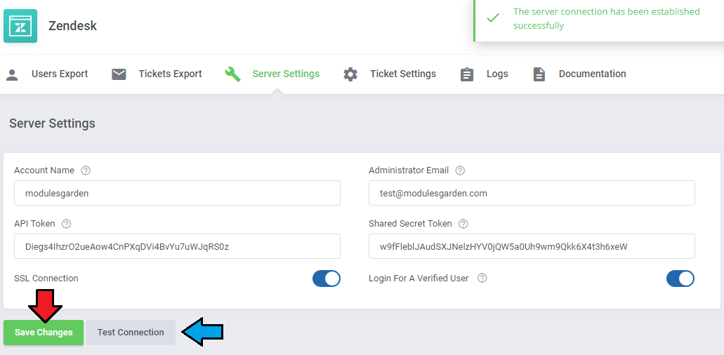 Zendesk For WHMCS: Server Settings tab with filled fields, Save Changes, Test Connection and a success message