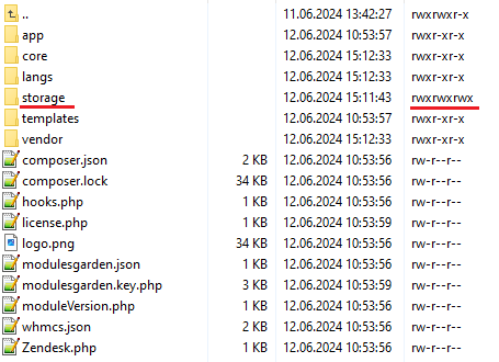 Zendesk For WHMCS: file manager with the storage folder set to recursive write permissions rwxrwxrwx
