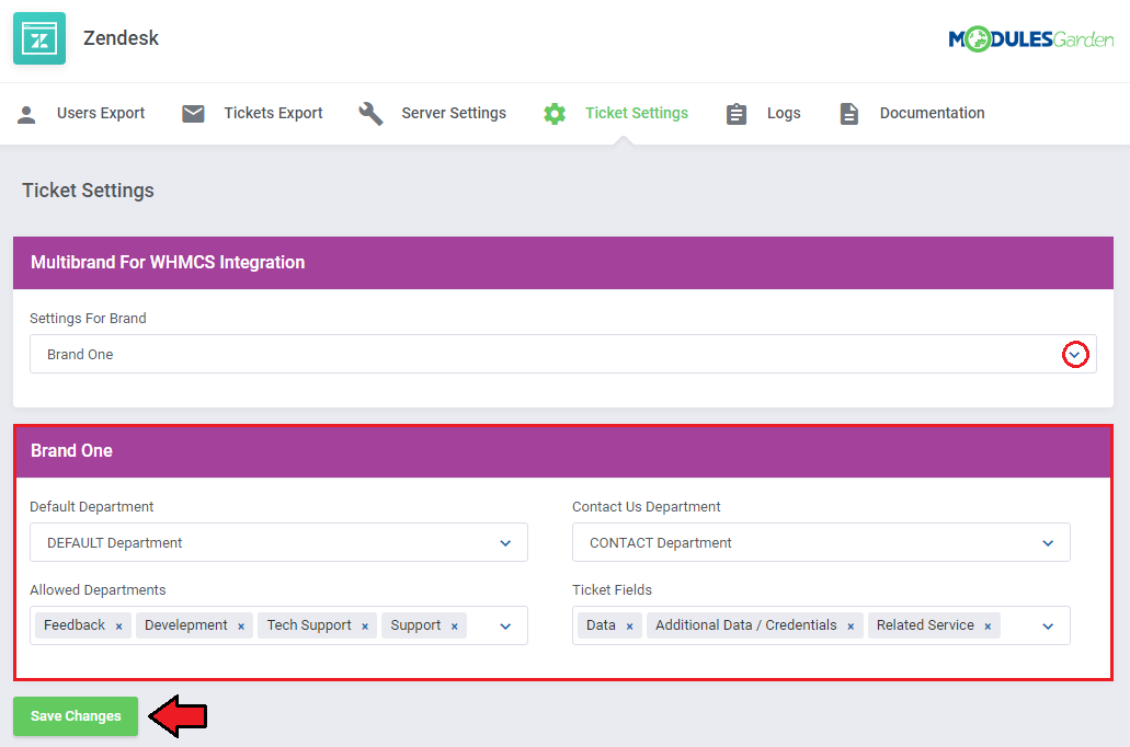 Zendesk For WHMCS: Ticket Settings tab with Multibrand integration, a brand selected and its department and field