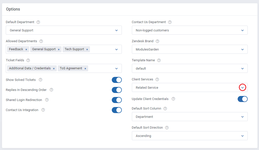 Zendesk For WHMCS: Ticket Settings Options section with the Client Services dropdown set to Related Service
