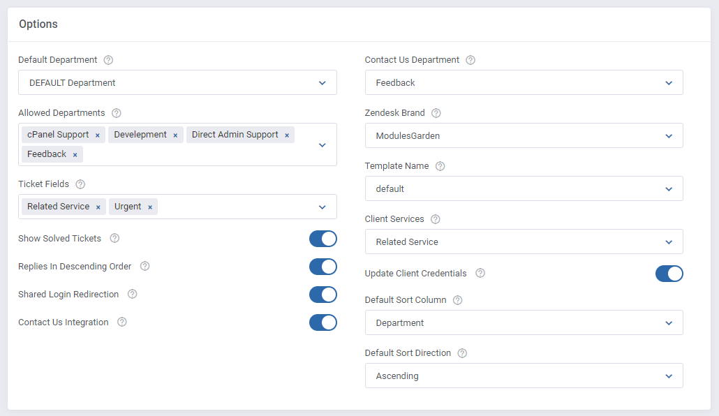 Zendesk For WHMCS: Ticket Settings Options section with departments, ticket fields, brand, toggles and sorting filled in