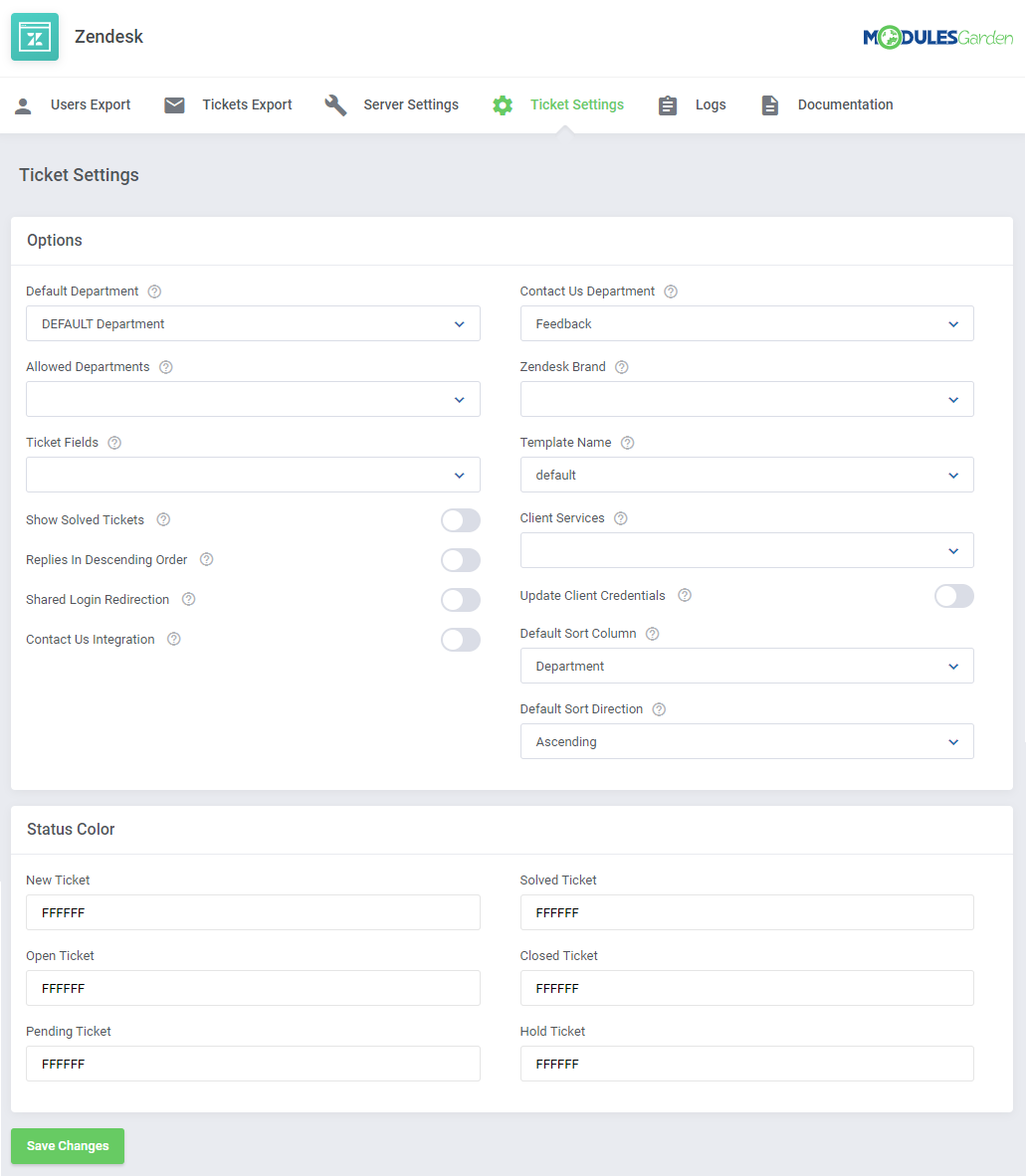Zendesk For WHMCS: module Ticket Settings tab with Options and Status Color sections and empty fields